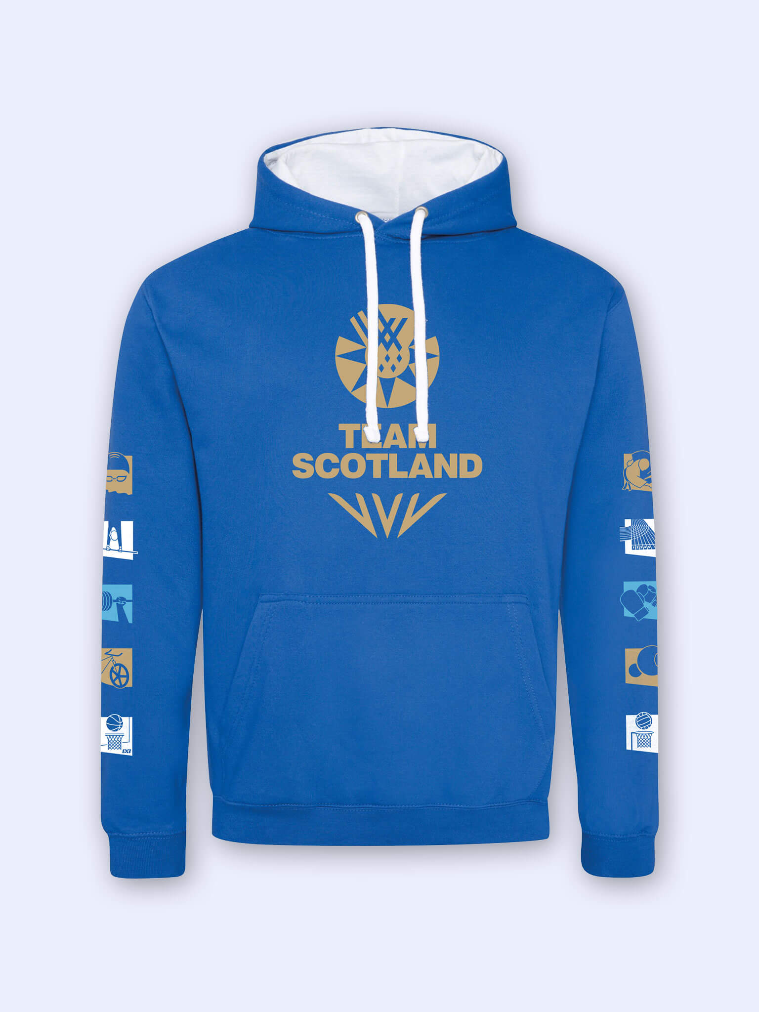 Royal blue/White contrast hoodie with gold Team Scotland logo above the Glasgow 2026 celebration mark and Commonwealth Games sports icons across each sleeve on a light grey background