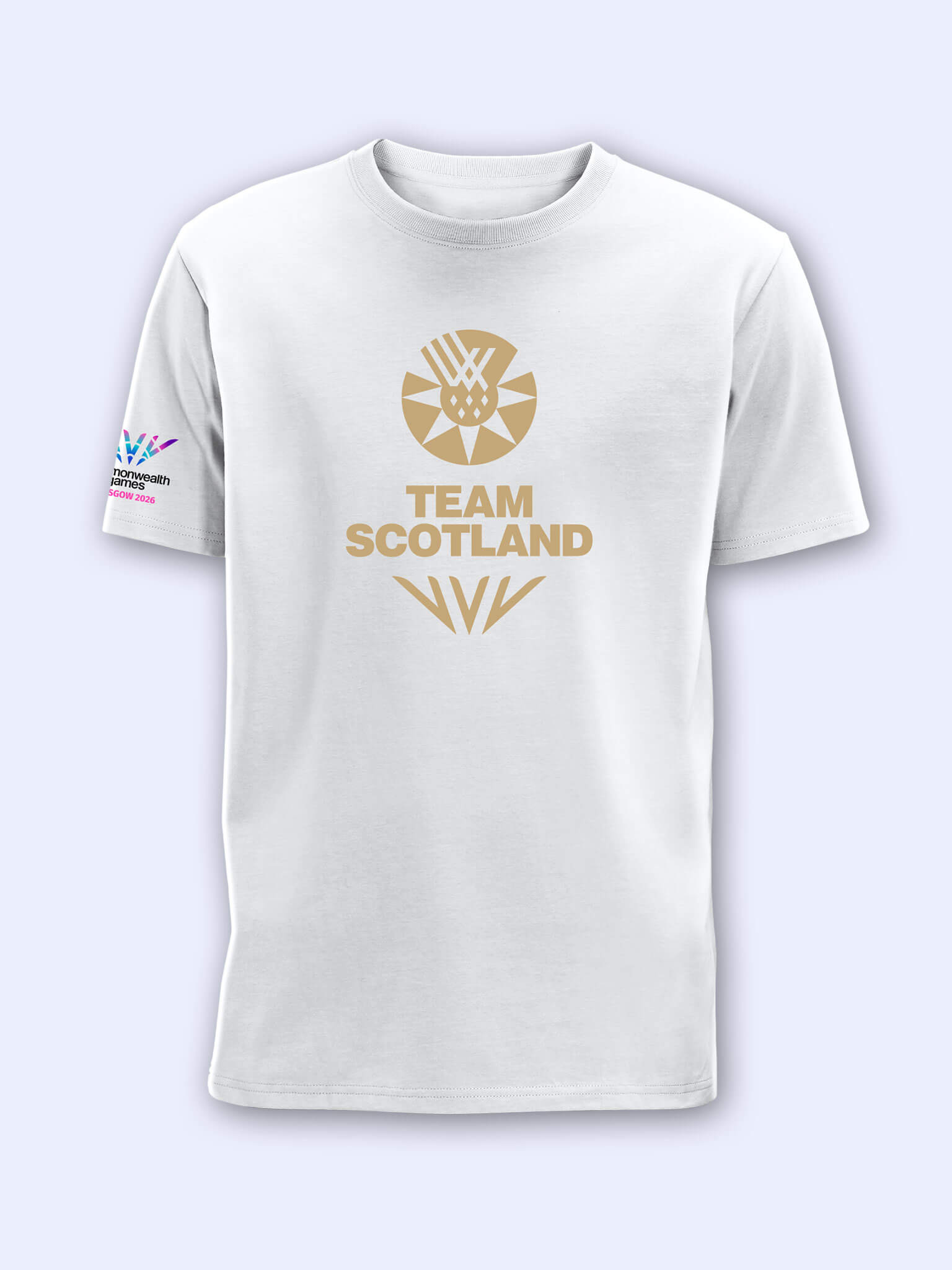 White t-shirt with gold team Scotland logo above the Glasgow 2026 celebration mark on a light grey background