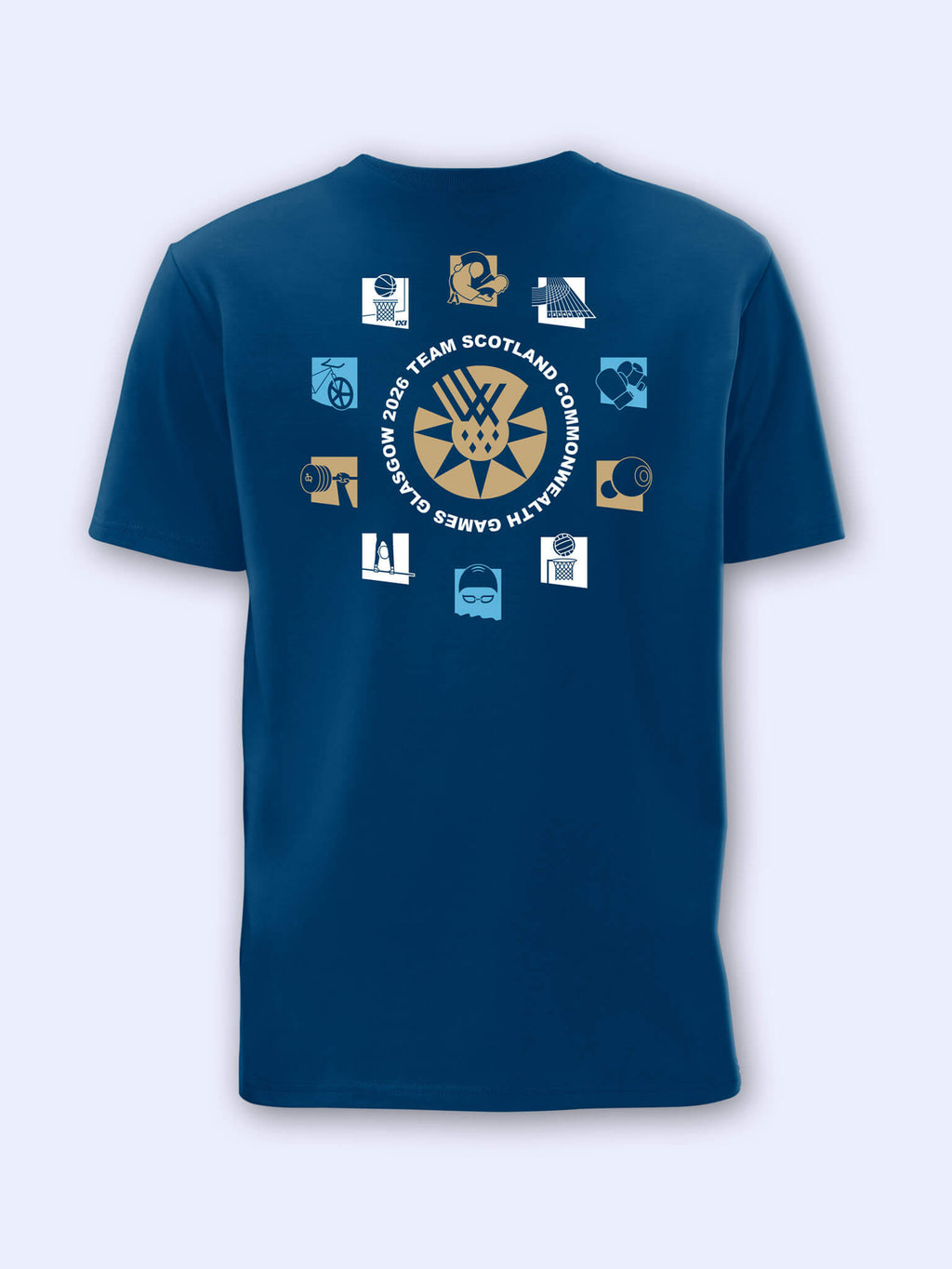 Back view of mountain blue t-shirt with Commonwealth games Glasgow 2026 sports icons around Team Scotland logomark on a grey background