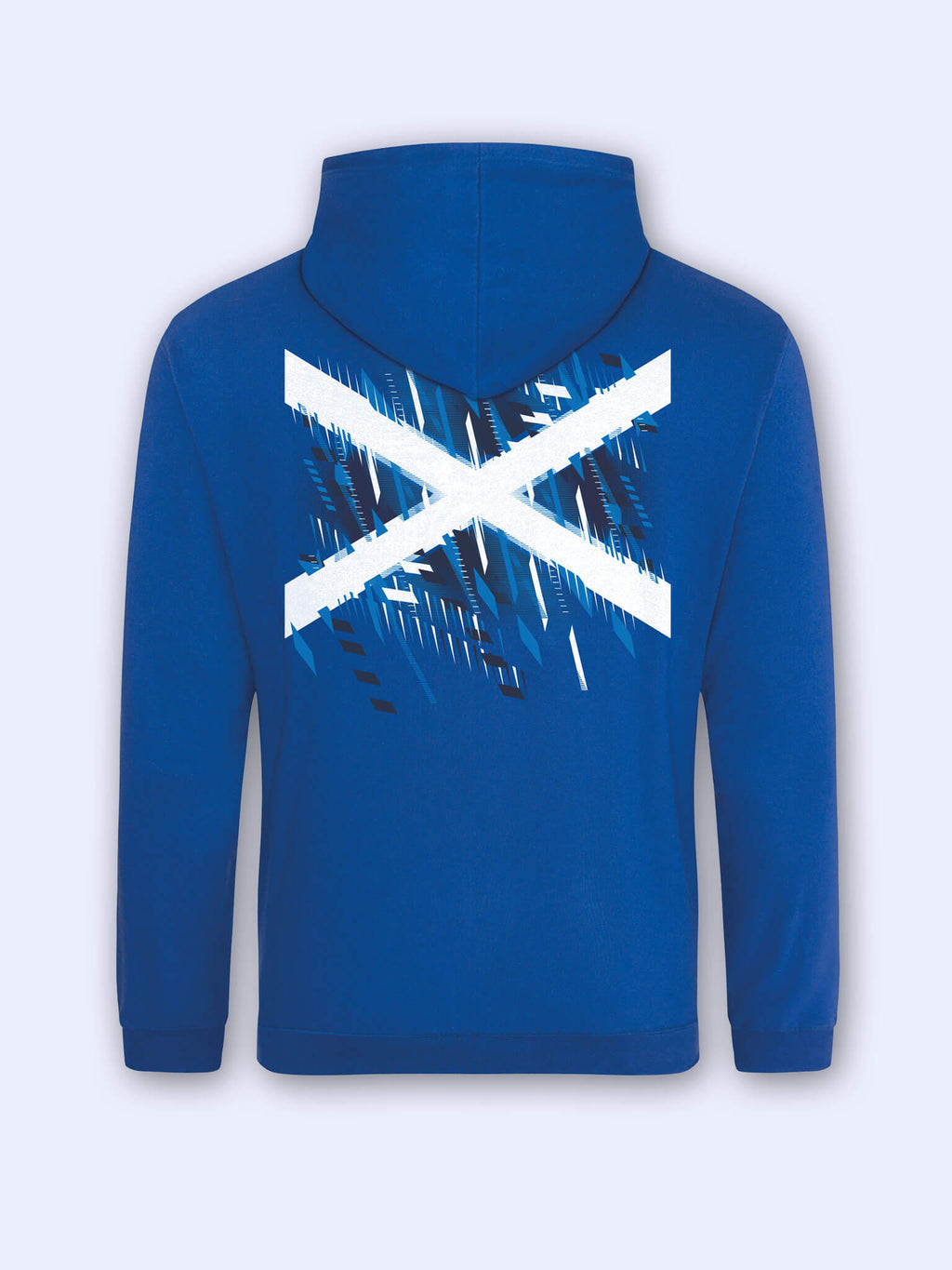 Back view of royal blue hoodie with Team Scotland Saltire Flag graphic on a light grey background