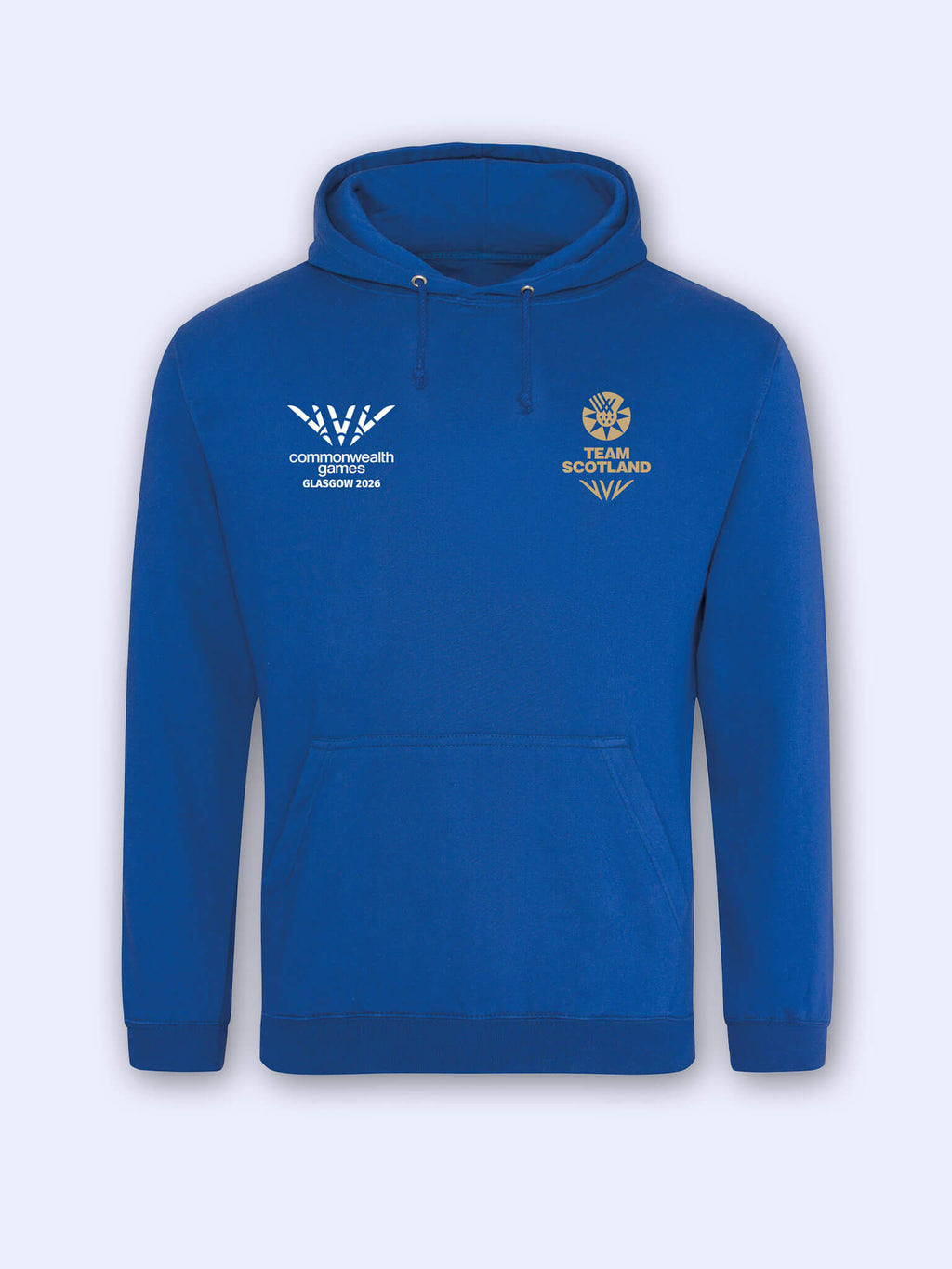 Royal blue hoodie with gold Team Scotland logo on left chest and Commonwealth Games Glasgow 2026 logo on right chest on a grey background