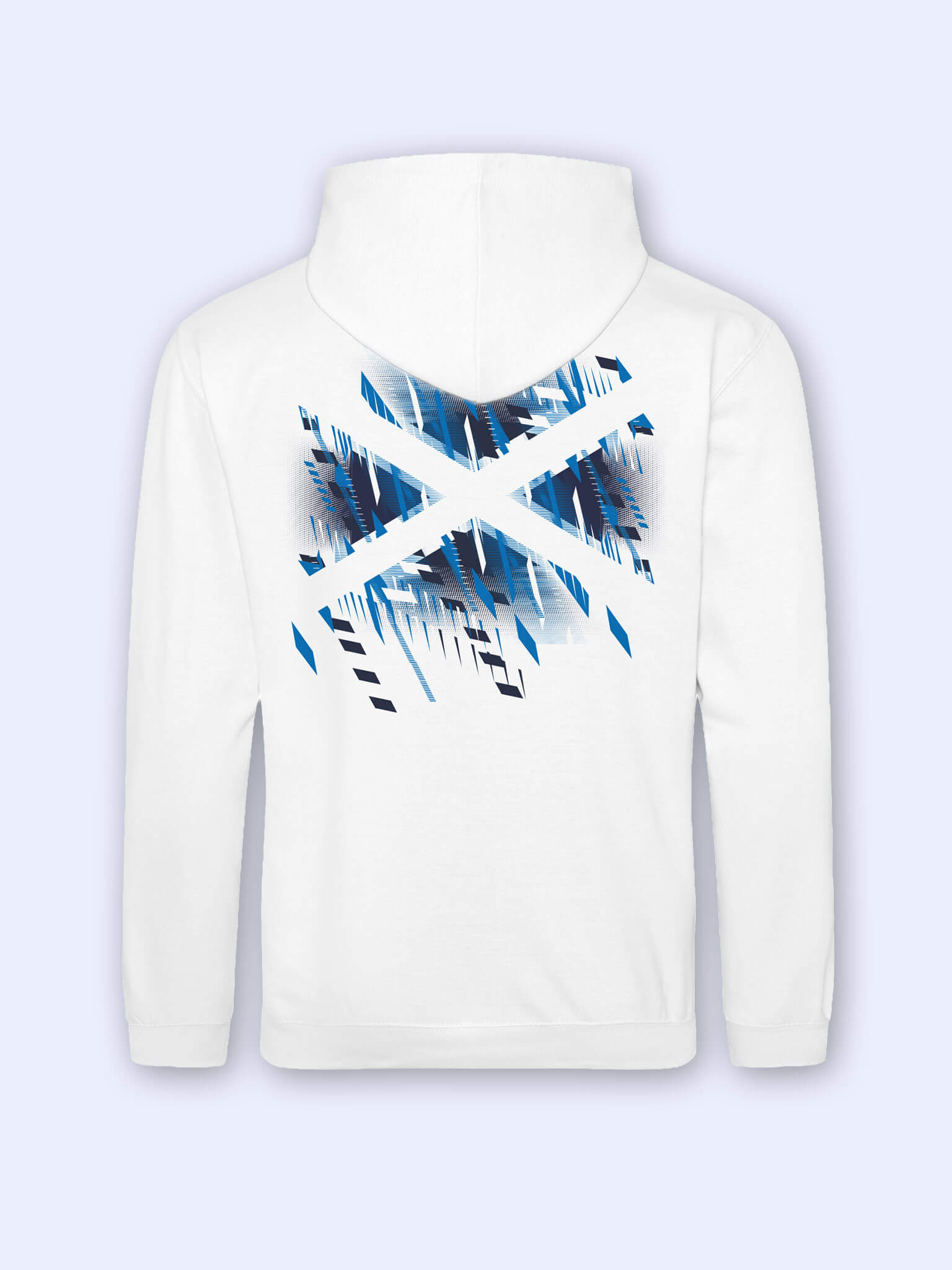 Back view of white hoodie with Team Scotland Saltire Flag graphic on a light grey background