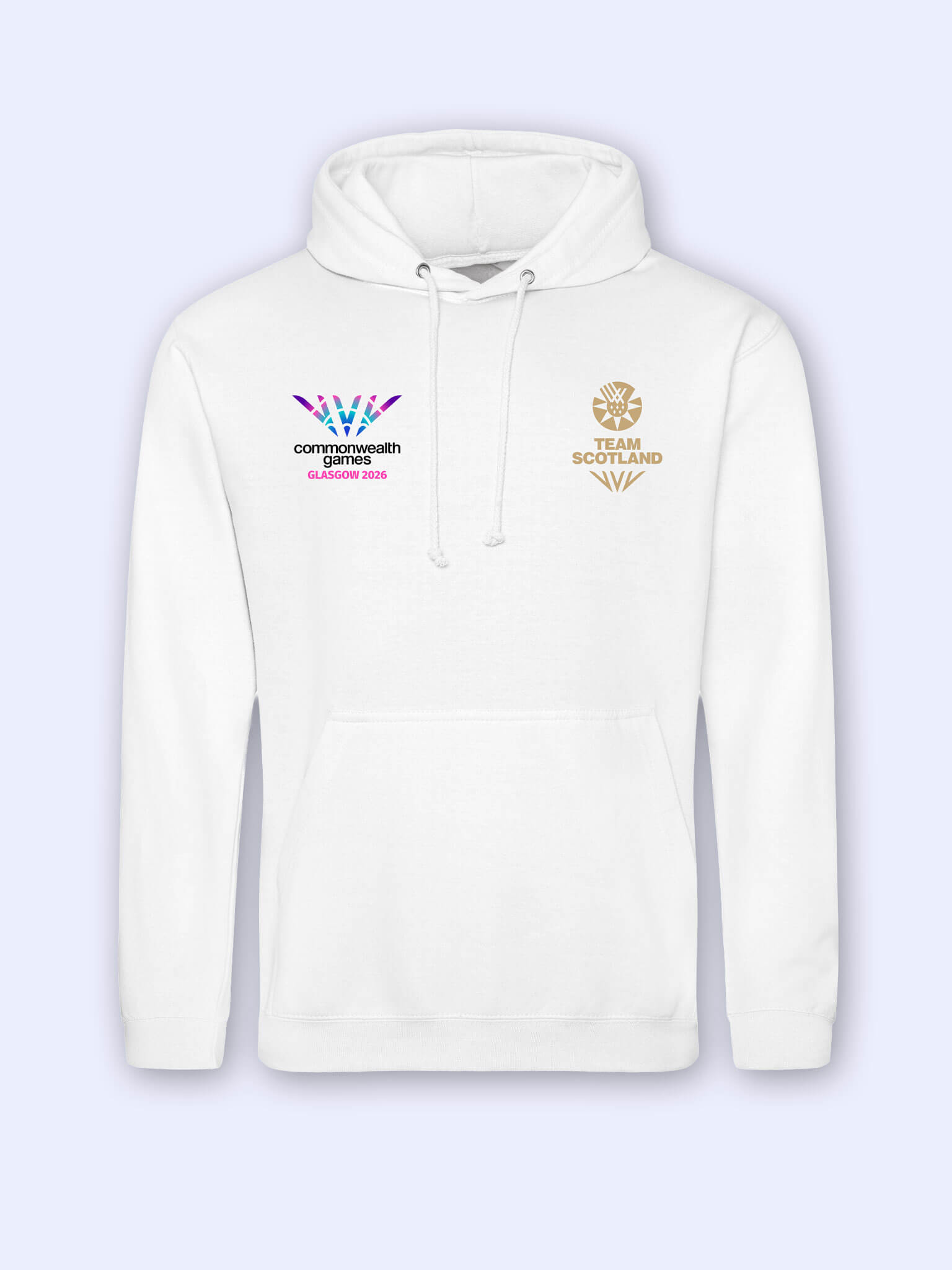 White hoodie with gold Team Scotland logo on left chest and Commonwealth Games Glasgow 2026 logo on right chest on a grey background