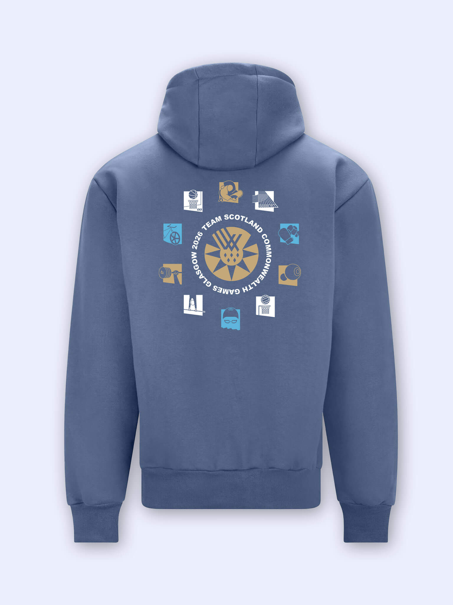 Atlantic blue oversized hoodie with icons for 10 Commonwealth Games 2026 sports aground Team Scotland logomark on a light grey background