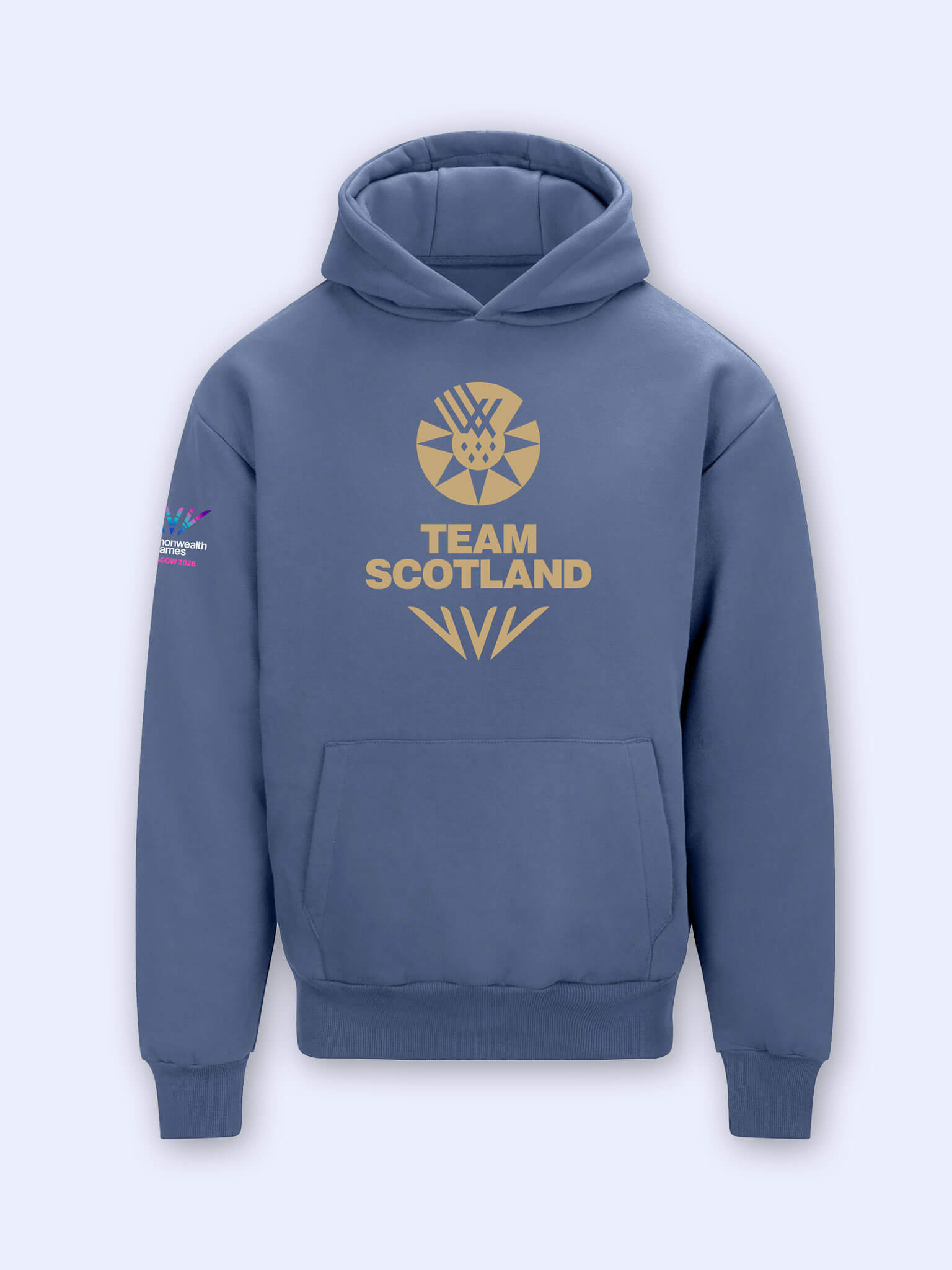 Atlantic blue oversized hoodie with gold Team Scotland logo above Glasgow 2026 celebration mark on a light grey background