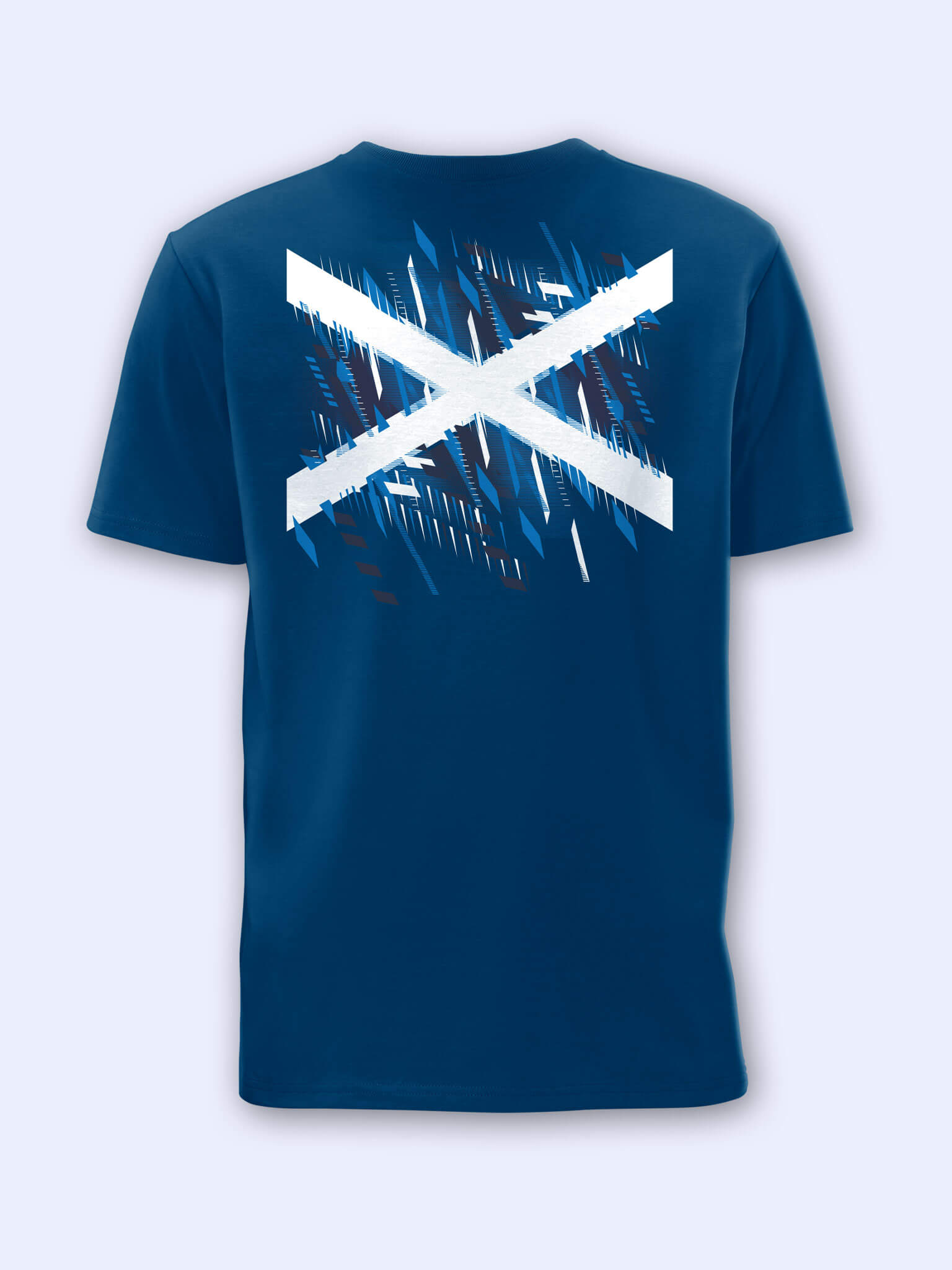 Back view of a mountain blue t-shirt with Team Scotland Saltire Flag graphic on a light grey background