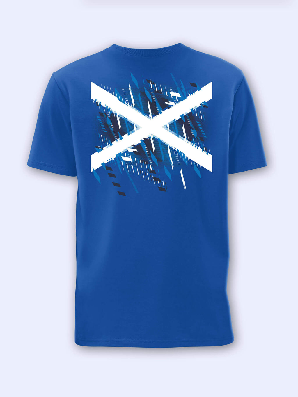 Back view of a royal blue t-shirt with Team Scotland Saltire Flag graphic on a light grey background