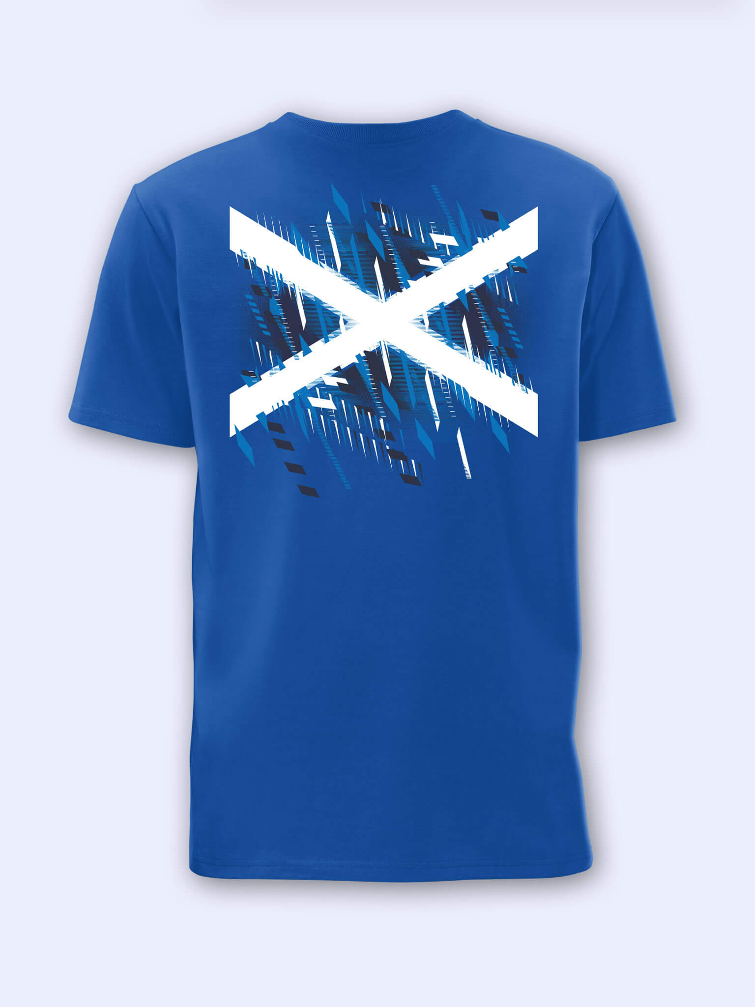 Back view of a royal blue t-shirt with Team Scotland Saltire Flag graphic on a light grey background
