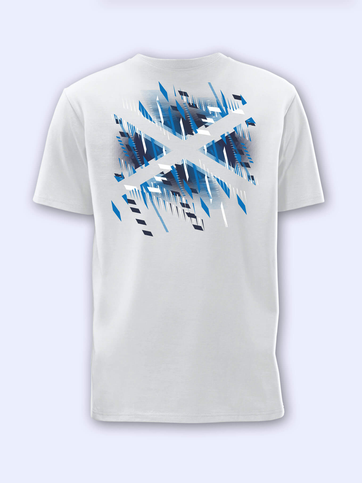Back view of a white t-shirt with Team Scotland Saltire Flag graphic on a light grey background