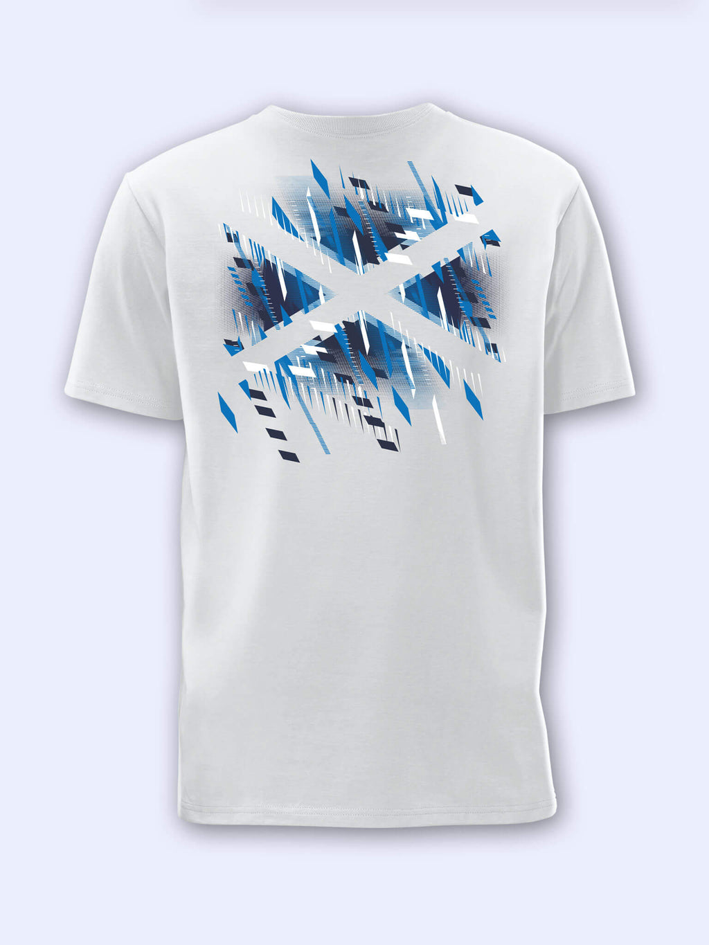Back view of white t-shirt with Team Scotland Saltire Flag graphic on a light grey background