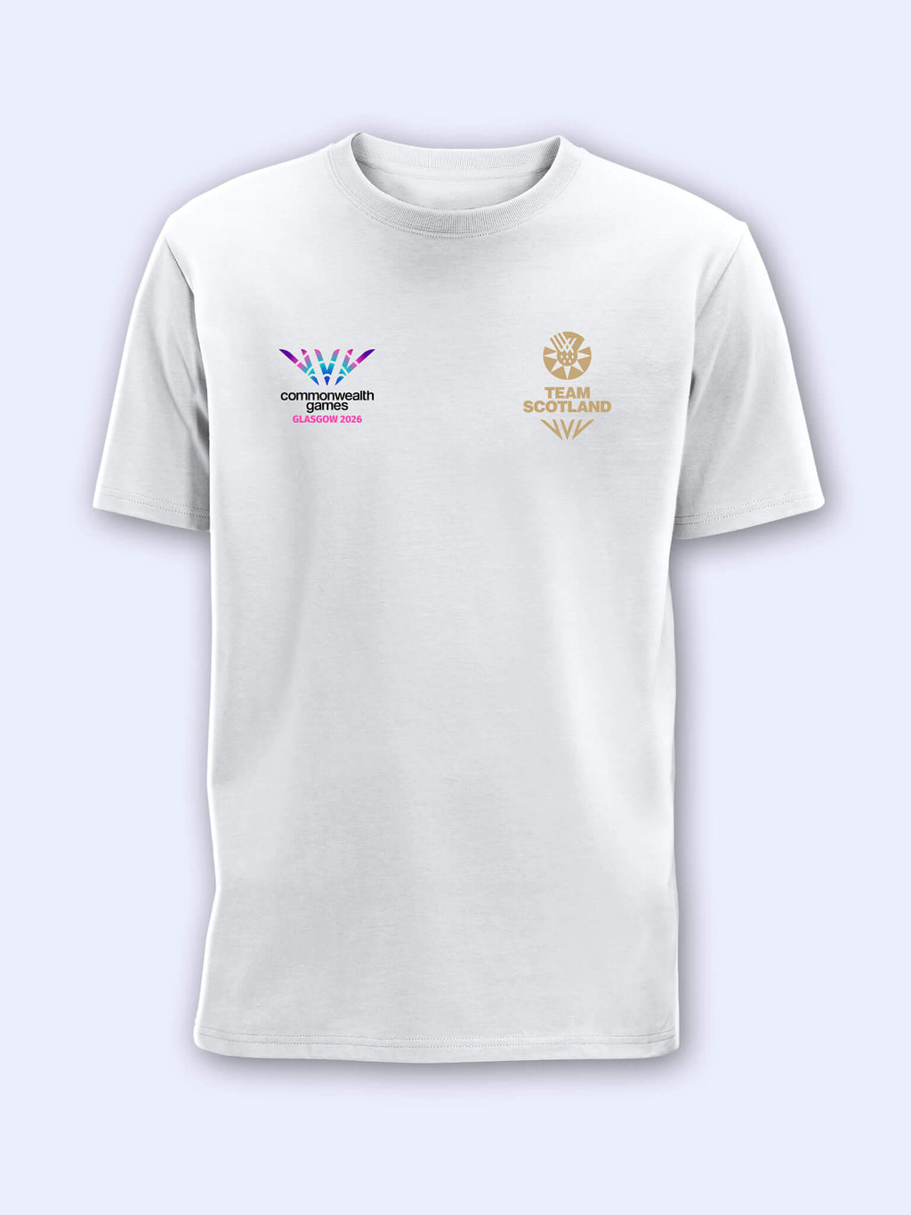 White t-shirt with gold Team Scotland logo on the left chest and Commonwealth Games Glasgow 2026 logo on the right chest on a light grey background