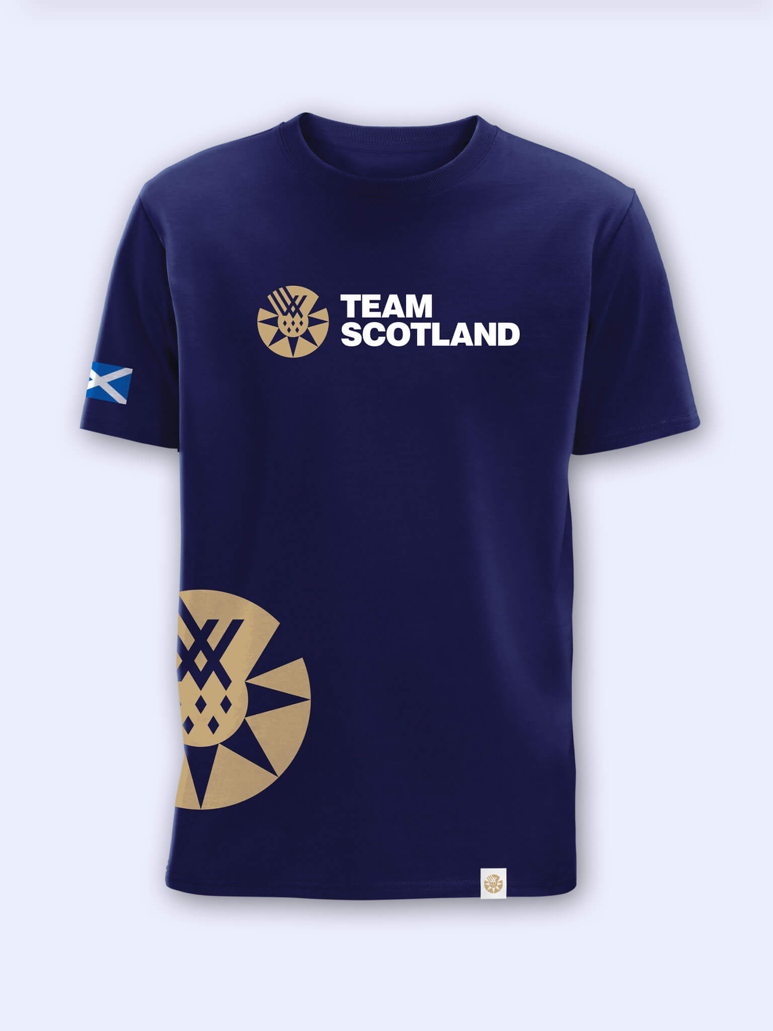 Navy blue t-shirt with 'Team Scotland' logo and logomark side print on a light grey background