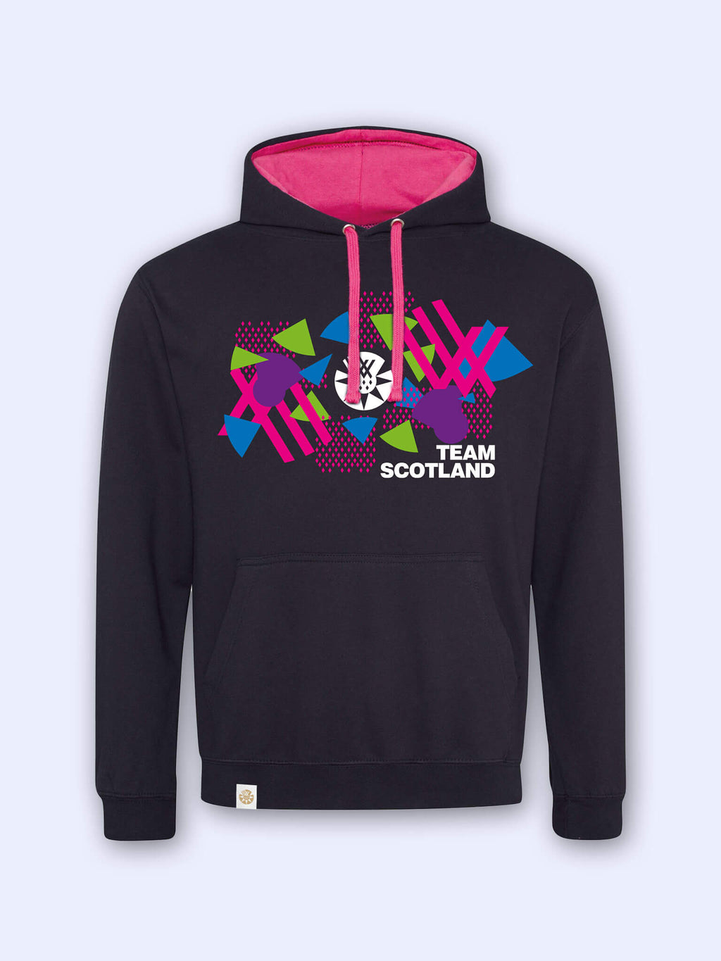 Black/Pink contrast hoodie with bold Team Scotland graphic on a light grey background