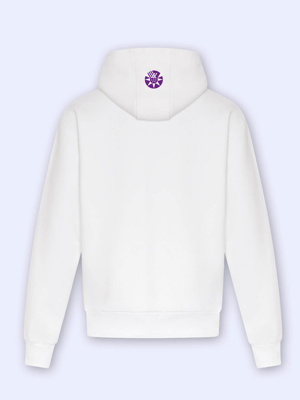 Back view of white oversized Team Scotland Hoodie with logomark printed on the hood on a light grey background