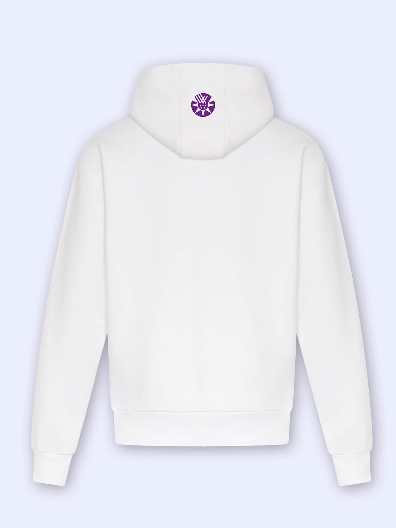 Back view of white oversized Team Scotland Hoodie with logomark printed on the hood on a light grey background