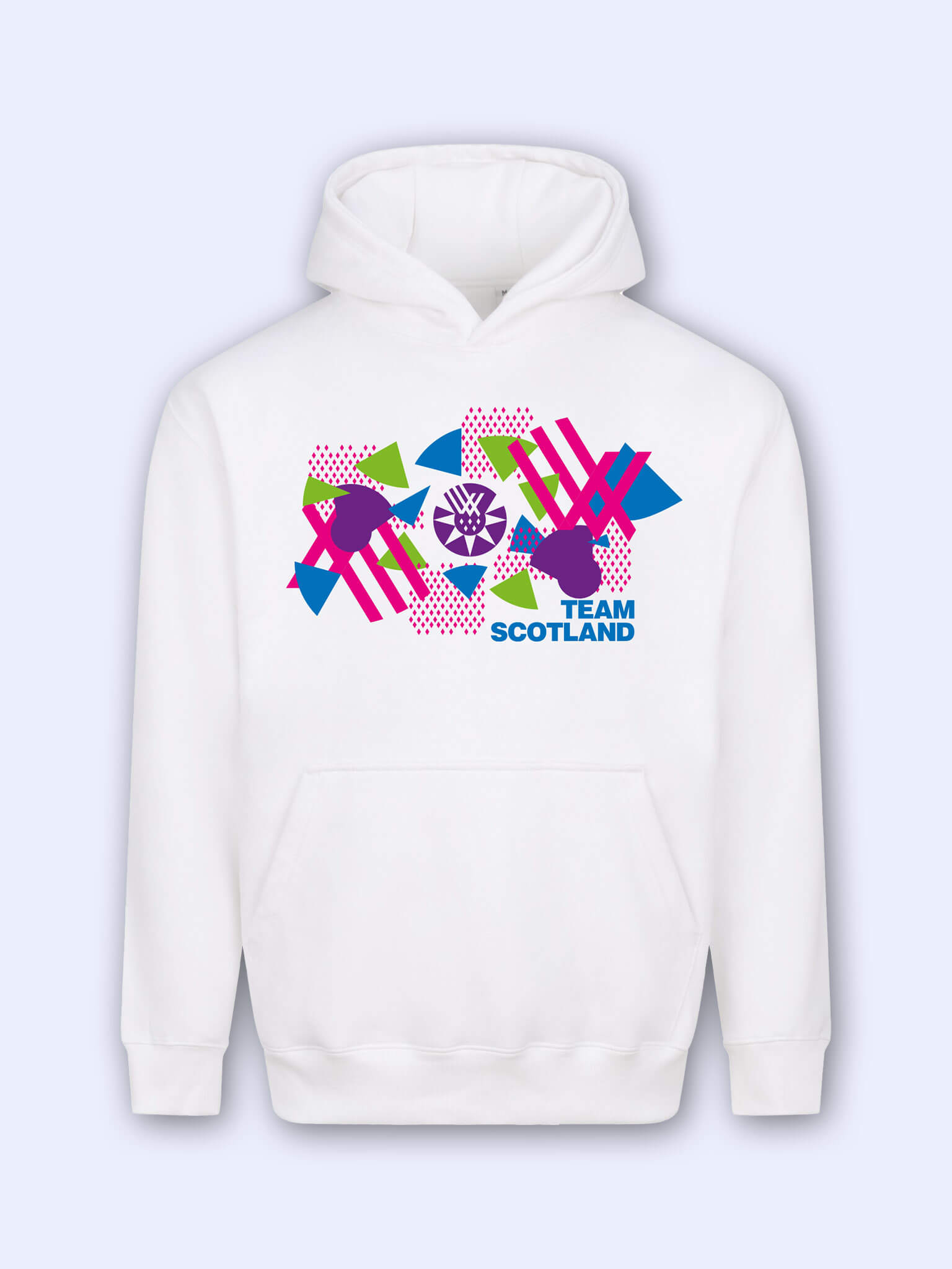 White oversized hoodie with bold Team Scotland Graphic on a light grey background