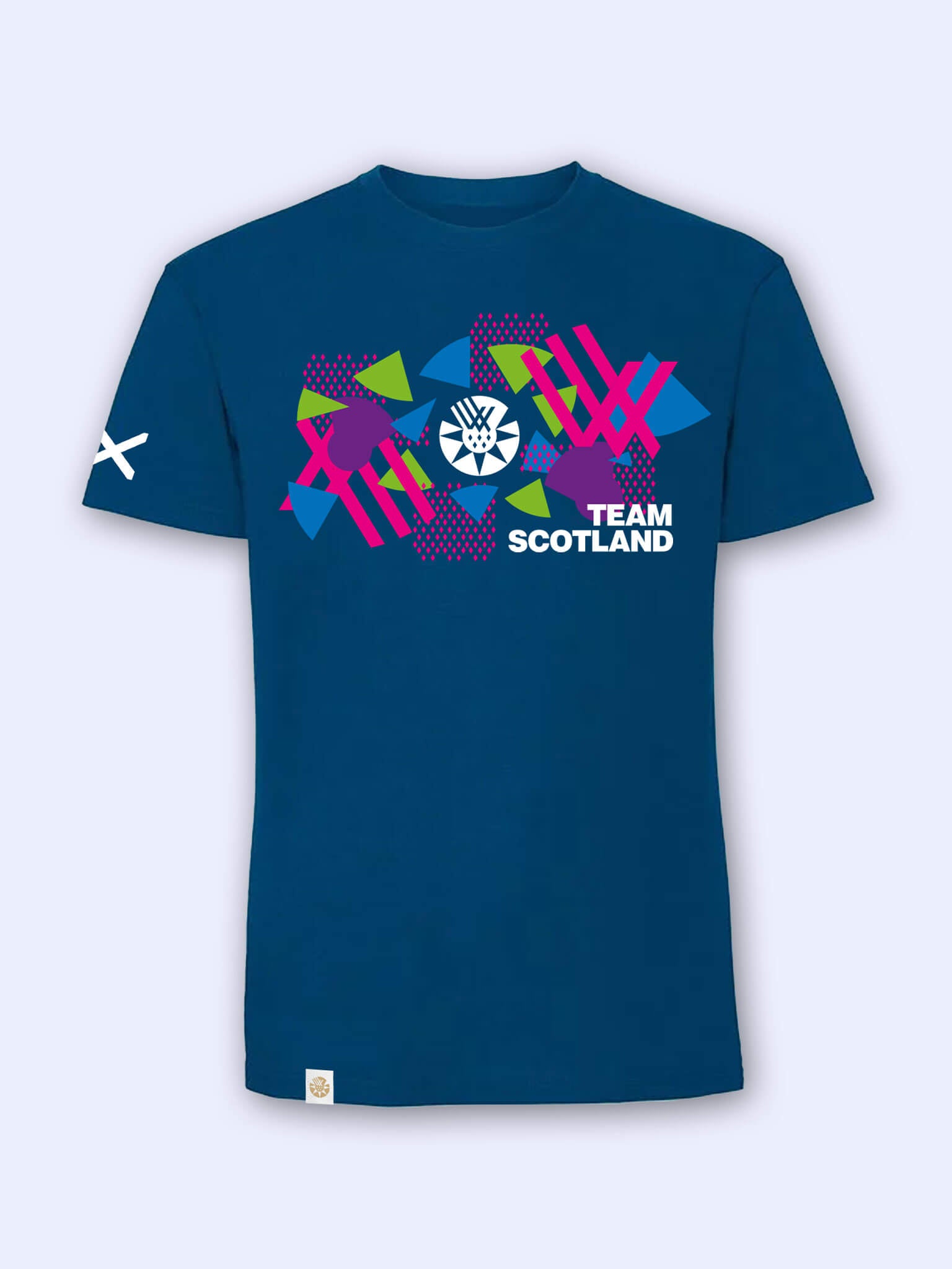 Mountain blue t-shirt with bold Team Scotland Graphic on a light grey background