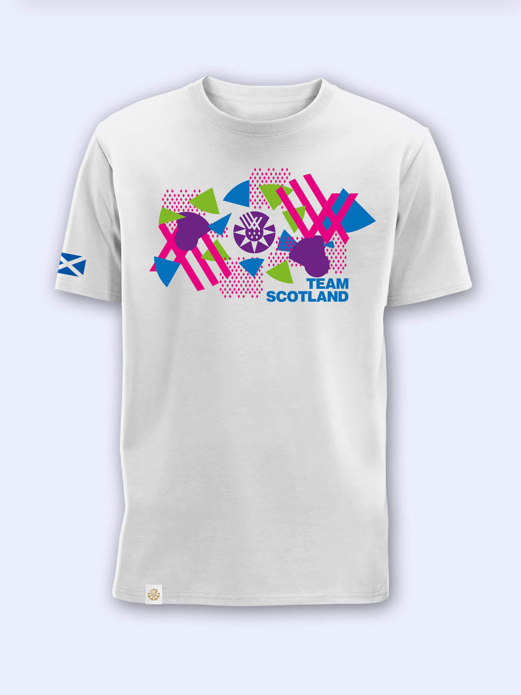 White t-shirt with bold Team Scotland Graphic on a light grey background