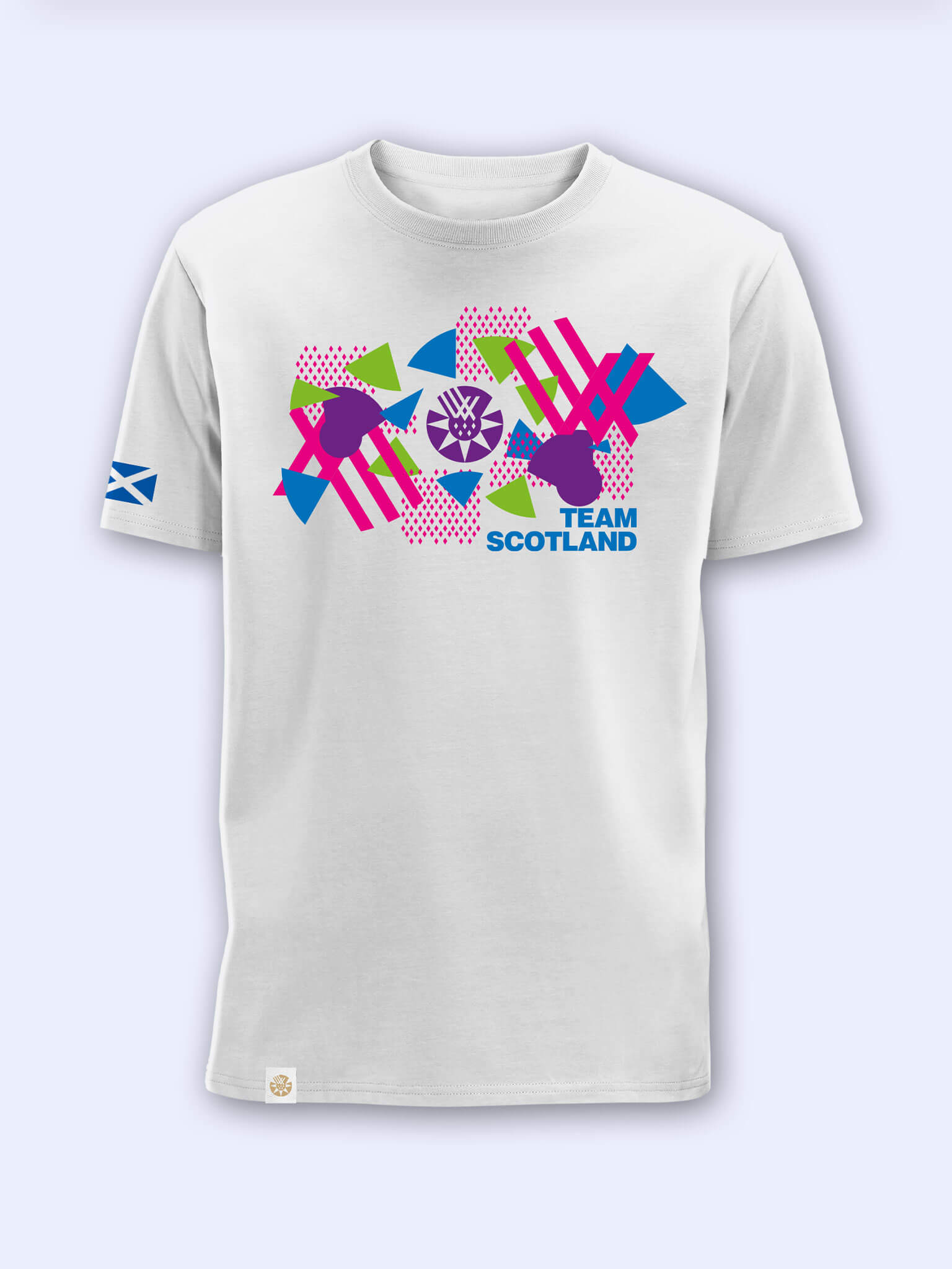 White t-shirt with bold Team Scotland Graphic on a light grey background