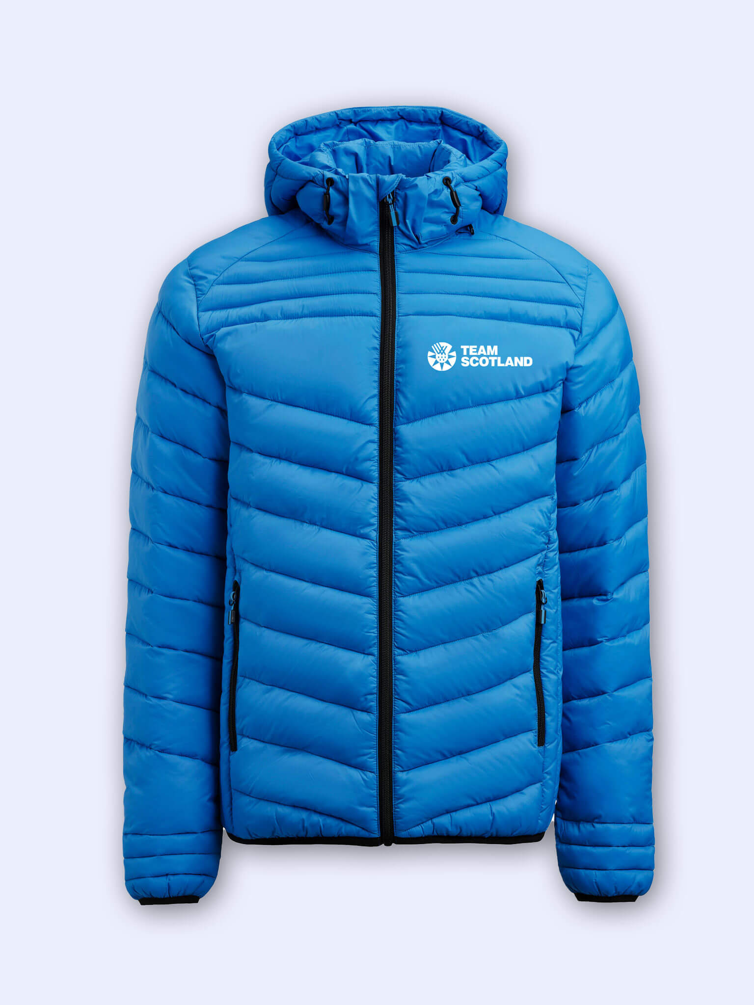 Ocean blue padded jacket with team Scotland logo on left chest on a light grey background