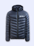 Navy padded jacket with team Scotland logo on left chest on a light grey background