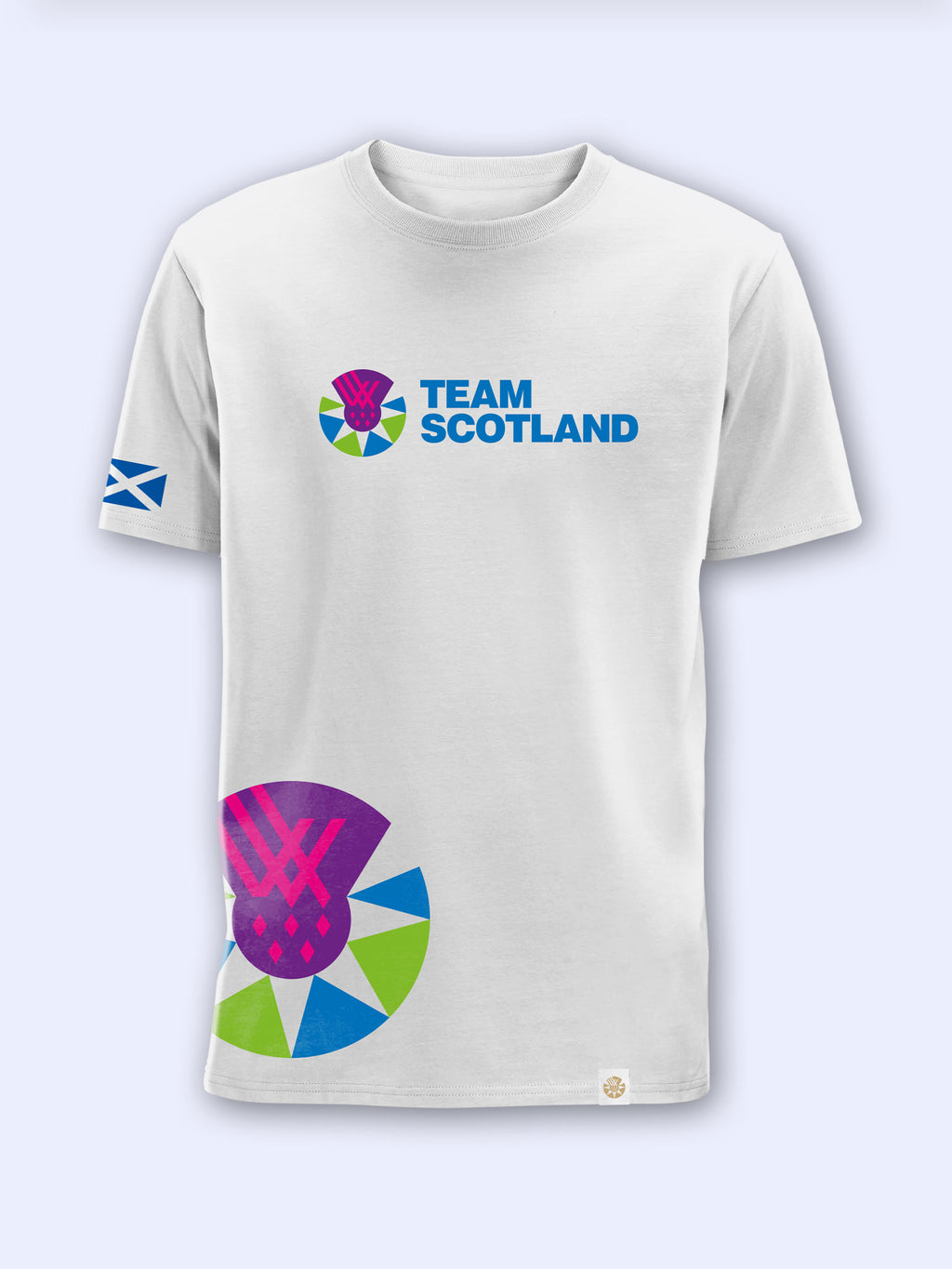 Wite t-shirt with Team Scotland logo and logomark side print on a light grey background
