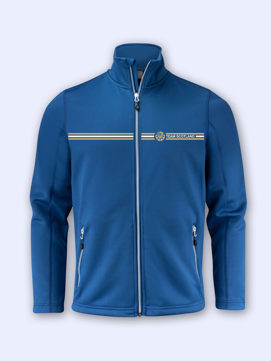Bright blue full-zip track jacket with horizontal stripes and Team Scotland logo on a light grey background