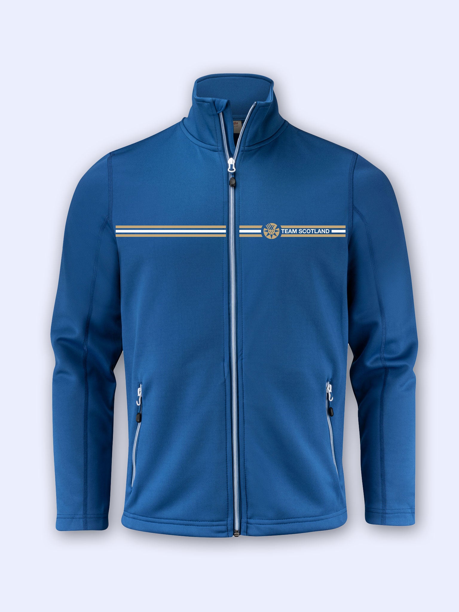 Bright blue full-zip track jacket with horizontal stripes and Team Scotland logo on a light grey background