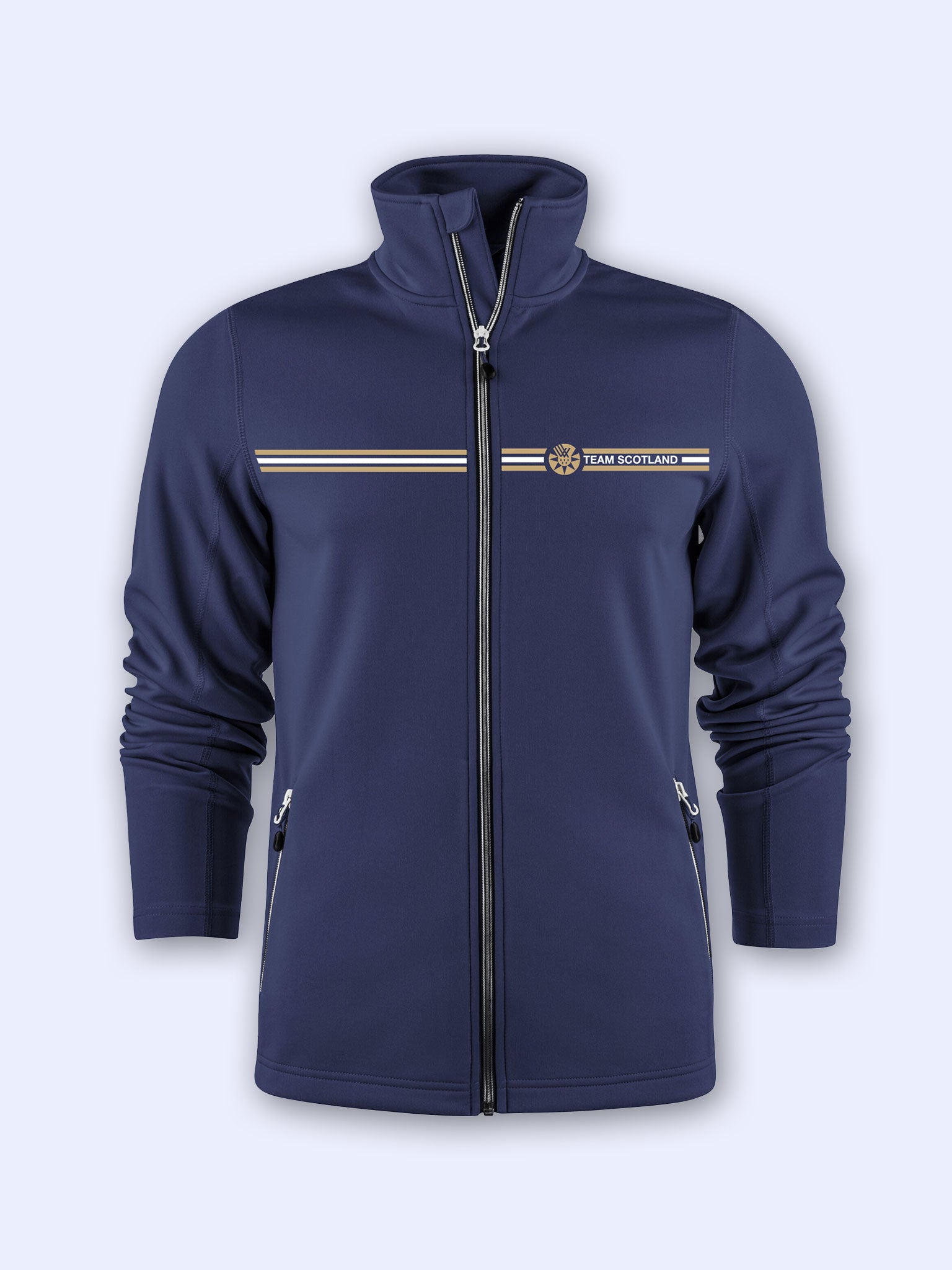 Navy full-zip track jacket with horizontal stripes and Team Scotland logo on a light grey background