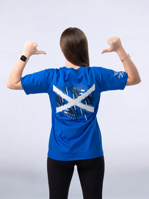 Back view of Royal Blue G2026 x Team Scotland Gold Logo T-Shirt worn by athlete Beth Riva