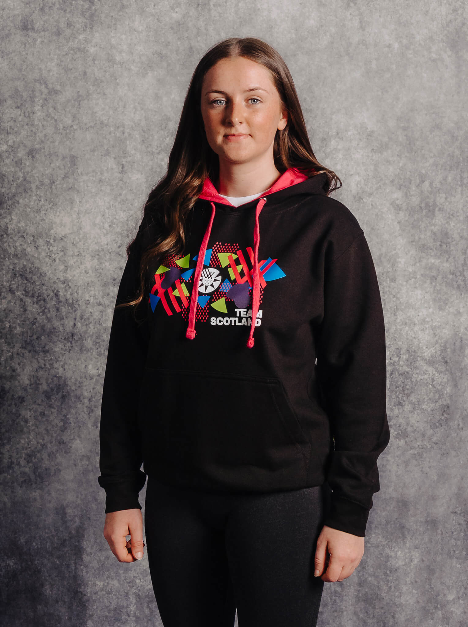 Black/Pink Team Scotland Graphic Contrast Hoodie worn by athlete Beth Riva