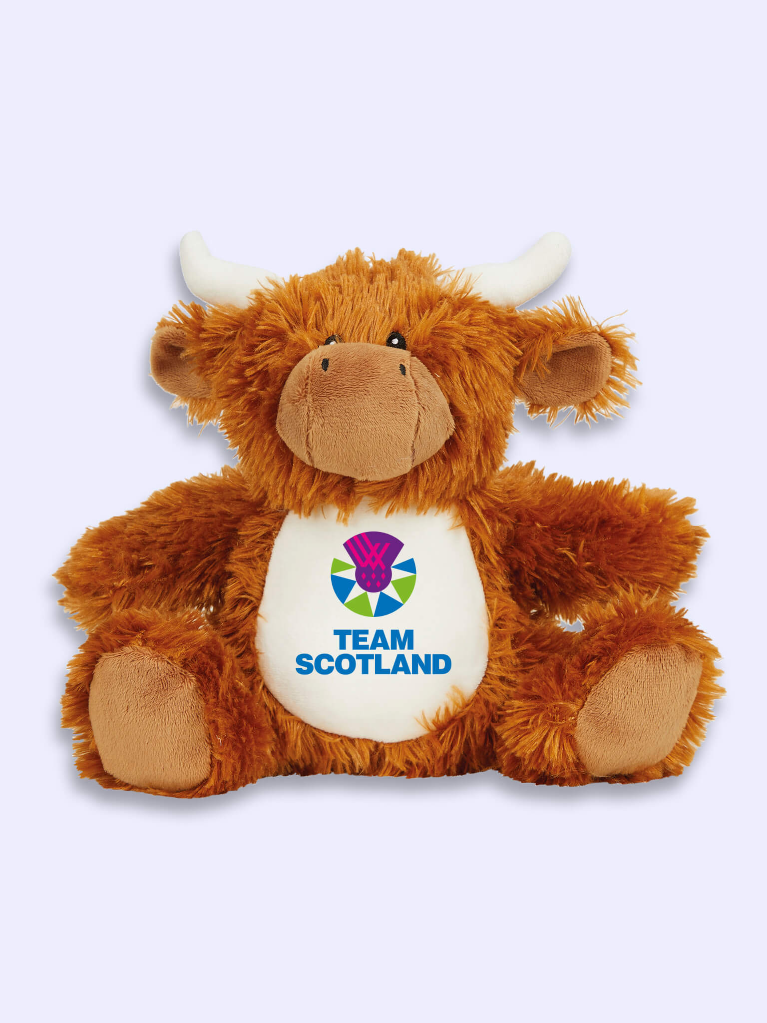 Front view of Team Scotland Highland Coo  Plush Toy with Team Scotland logo on his belly.