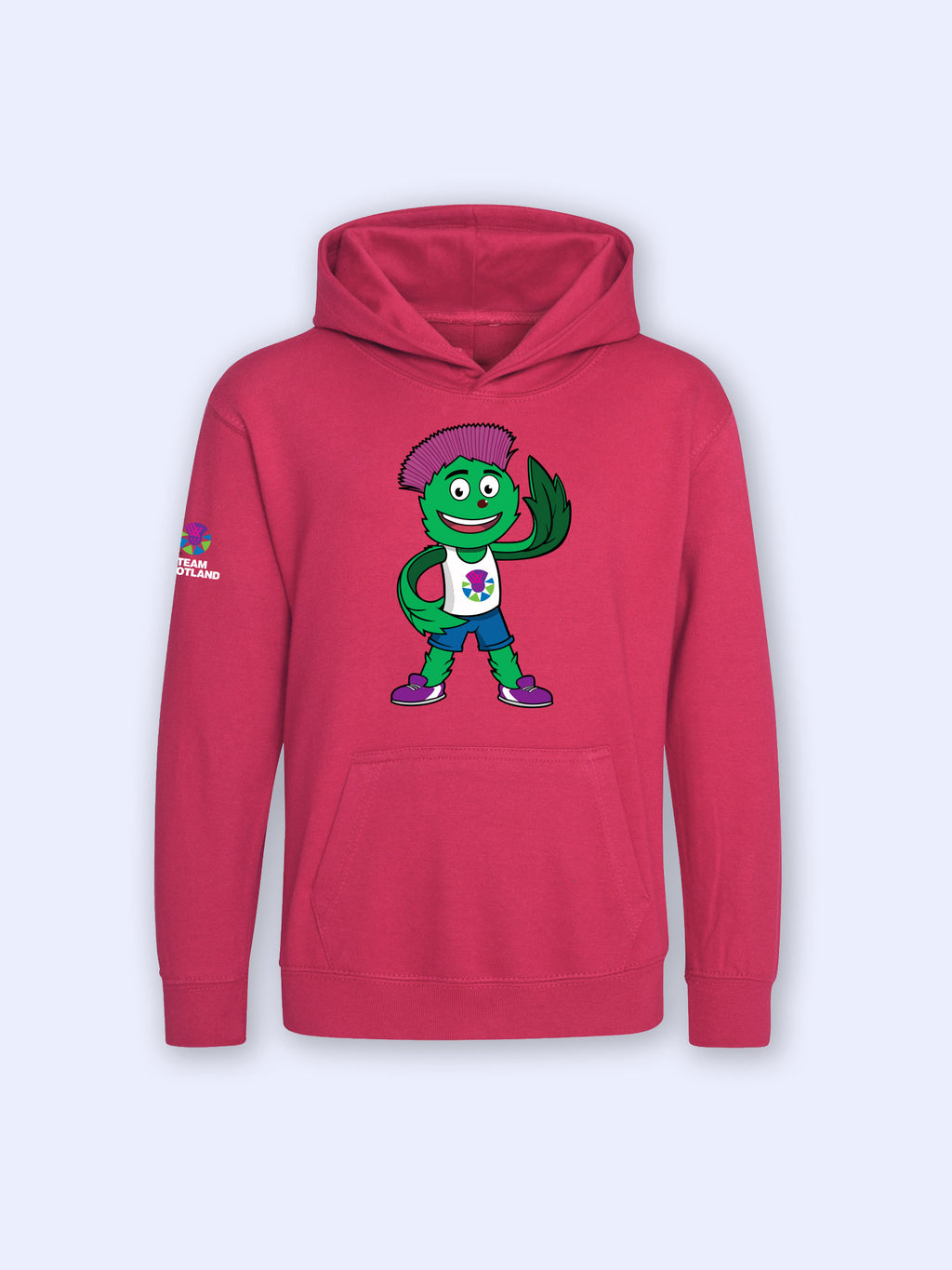 Front view of Hot Pink Kids Clyde Hoodie with graphic of Clyde the Team Scotland Mascot