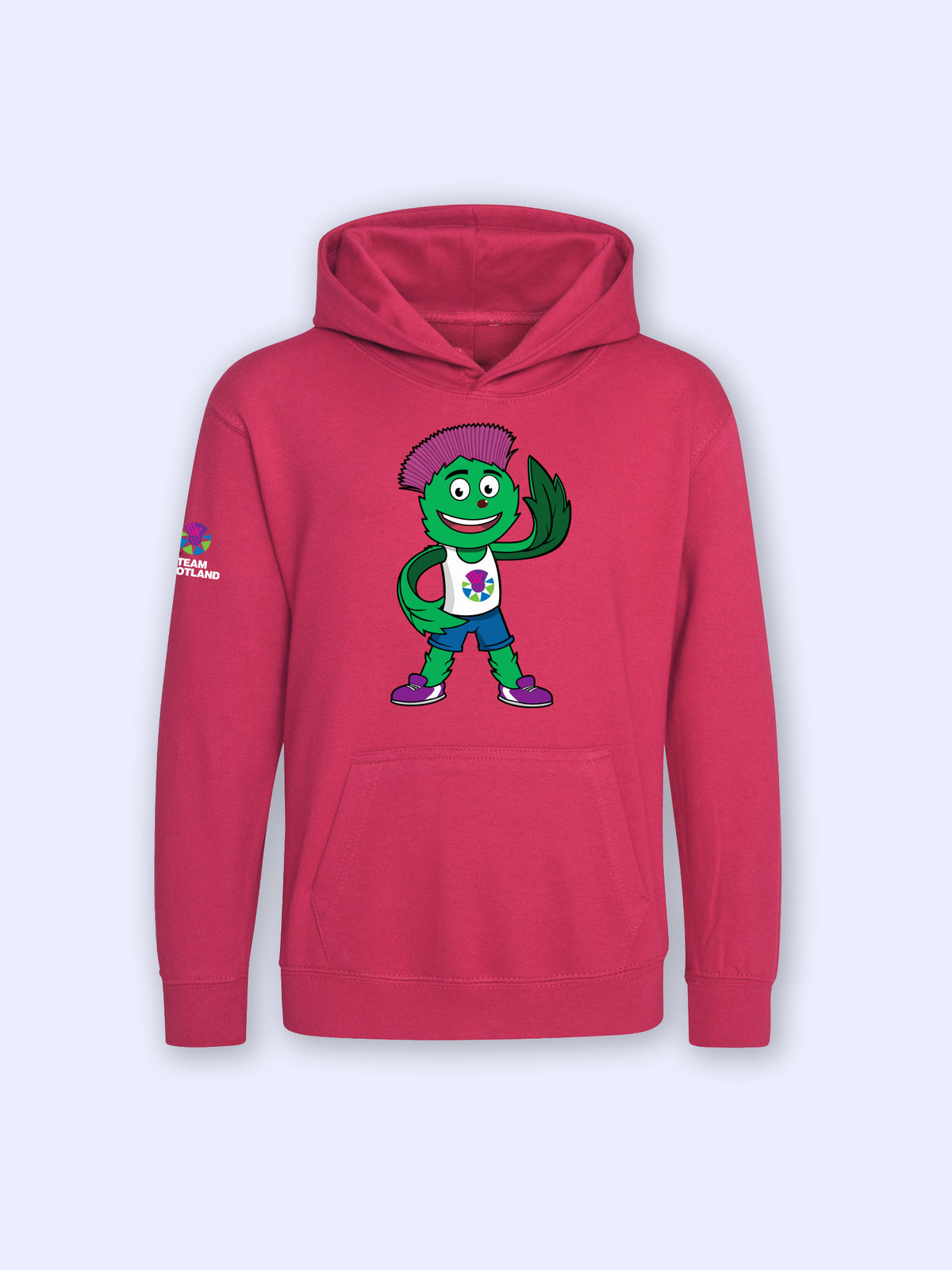 Front view of Hot Pink Kids Clyde Hoodie with graphic of Clyde the Team Scotland Mascot