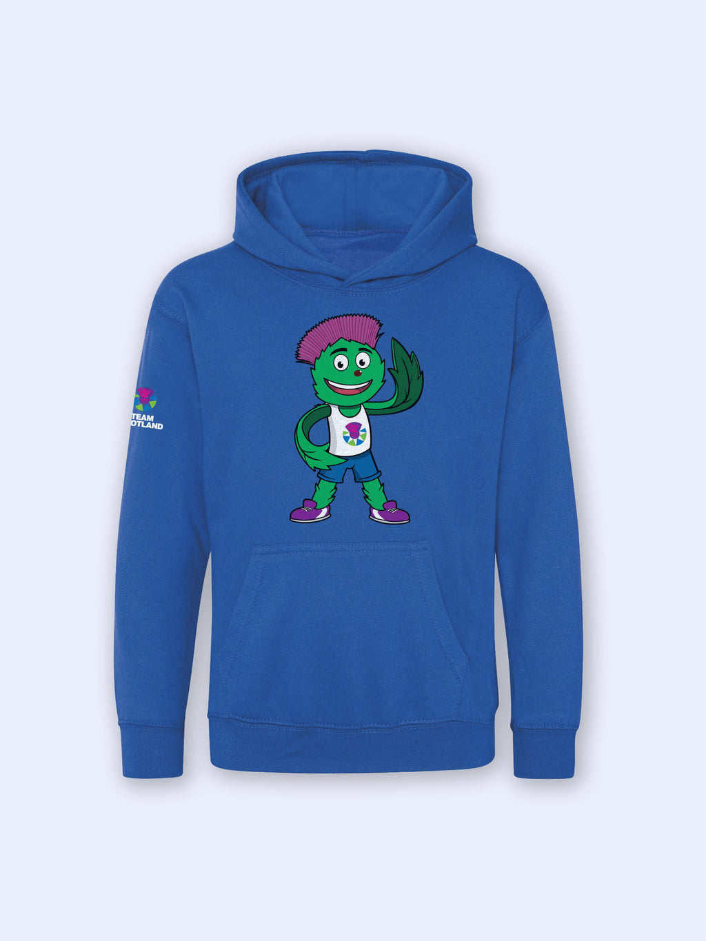 Front view of Sapphire Blue Kids Clyde Hoodie with graphic of Clyde the Team Scotland Mascot