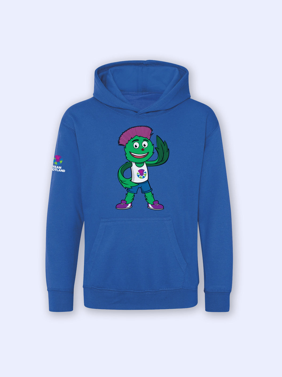 Front view of Sapphire Blue Kids Clyde Hoodie with graphic of Clyde the Team Scotland Mascot