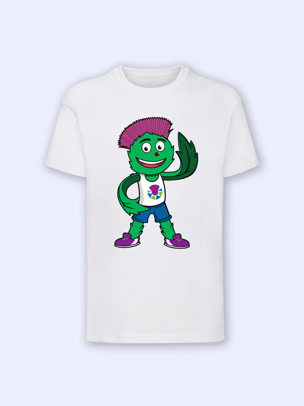 Front view of white Kids Clyde T-Shirt with graphic image of Clyde, the Team Scotland mascot
