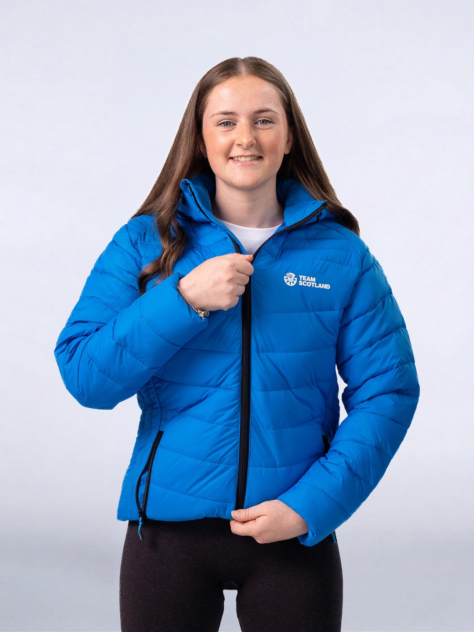 Ocean Blue Team Scotland Logo Padded Jacket worn by athlete Beth Riva
