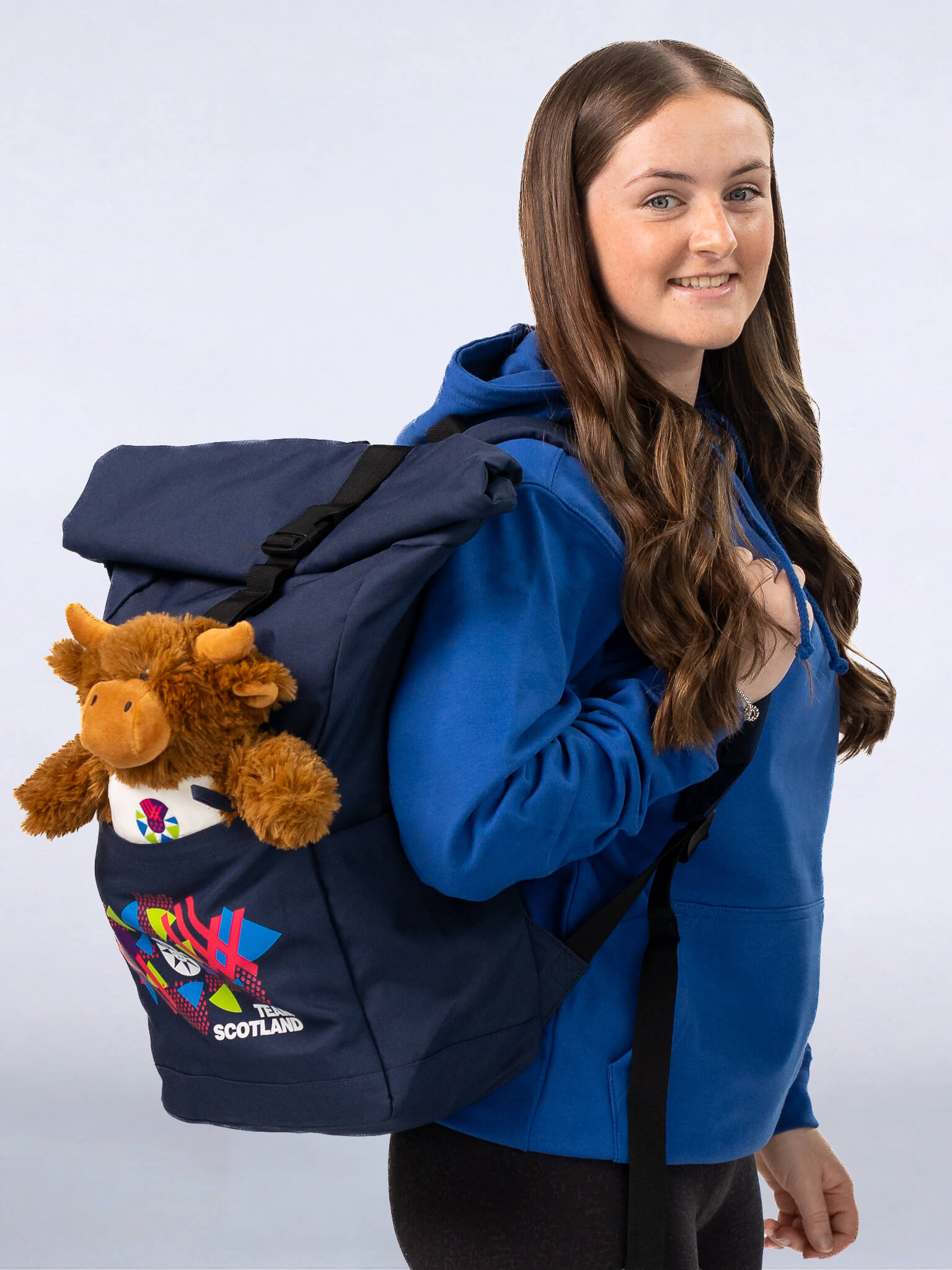 Navy Team Scotland Roll Top Backpack worn by athlete Beth Riva