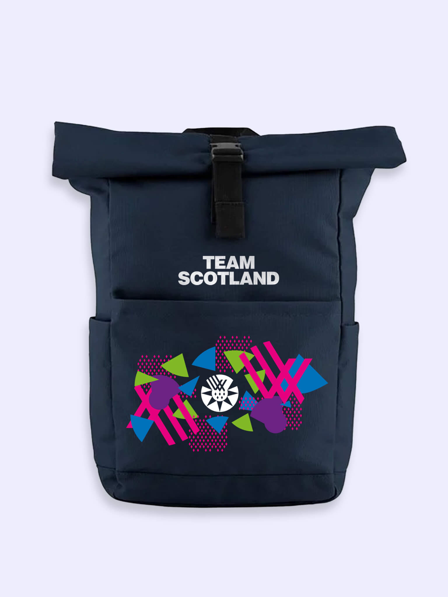 Front view of navy Tram Scotland roll top backpack