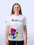 White t-shirt with Team Scotland logo and logomark sideprint worn by athlete Beth Riva