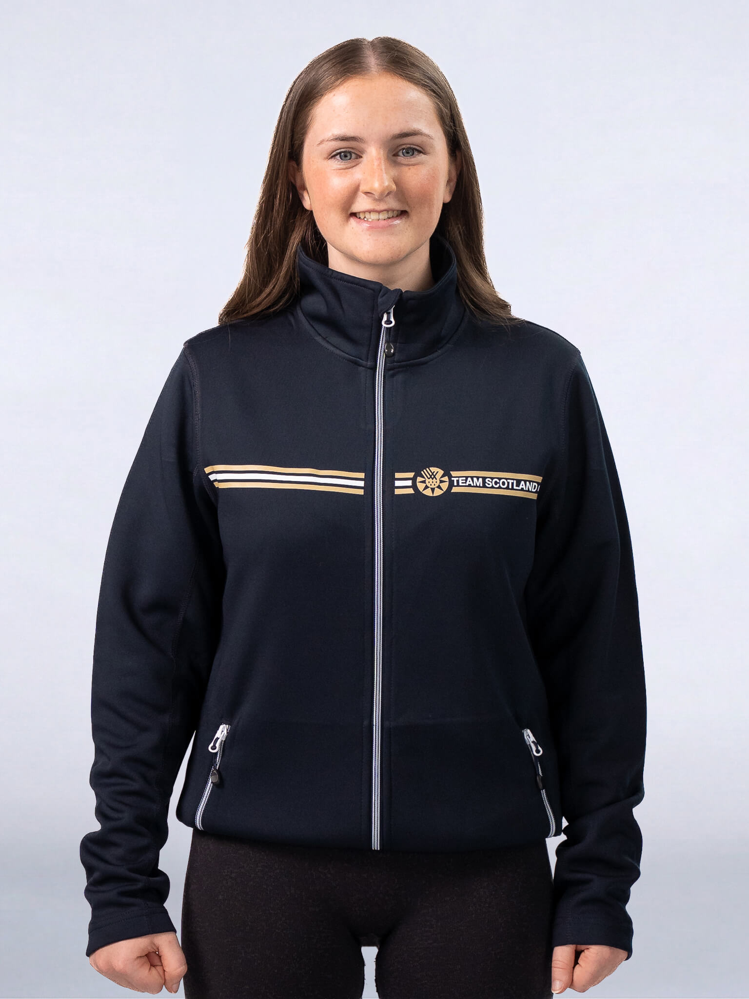 Navy Team Scotland Logo Track Jacket worn by athlete Beth Riva